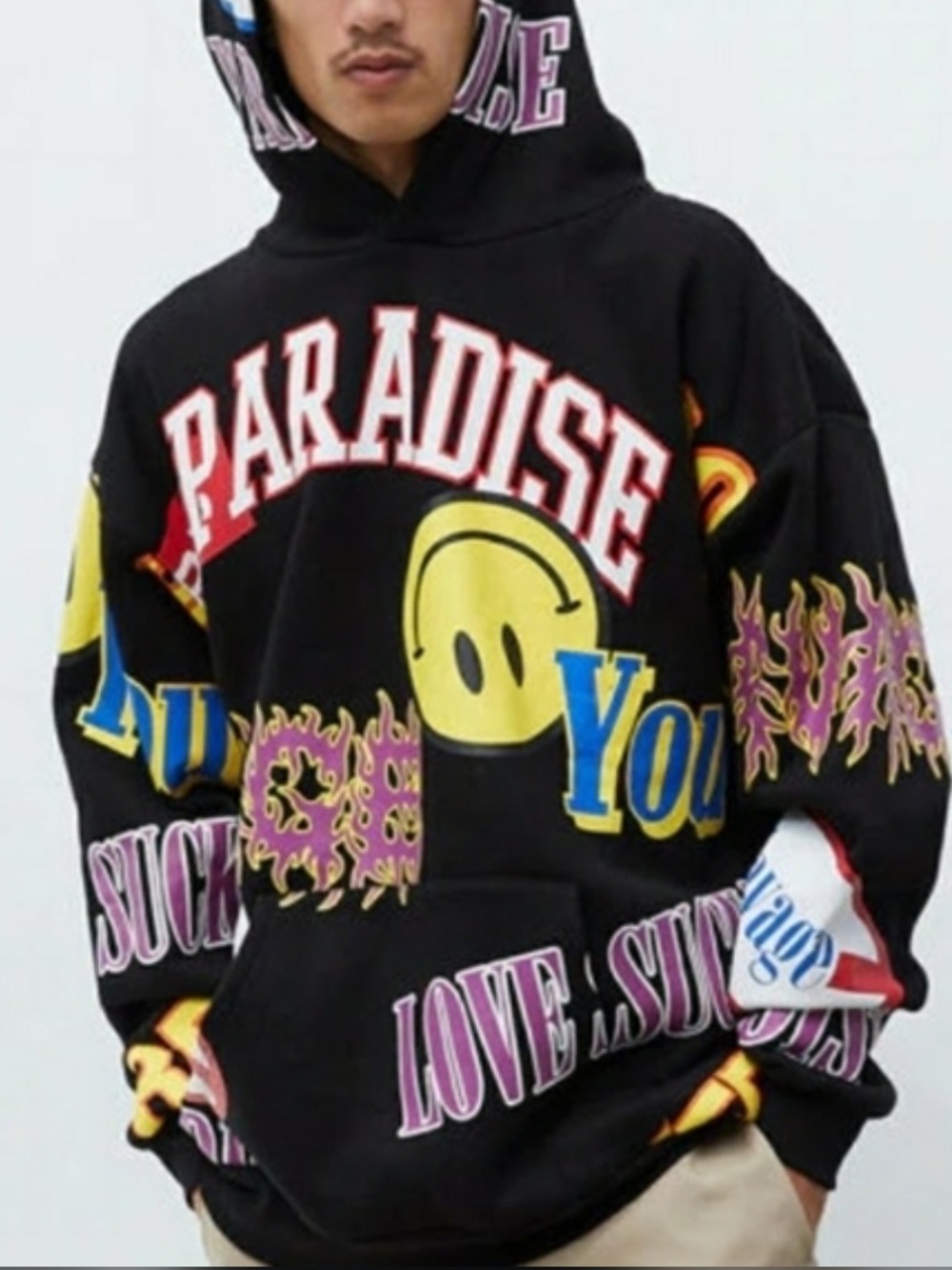 Graphic Paradise Smile Pullover Hoodie - Black with Yellow & Multicolor Prints